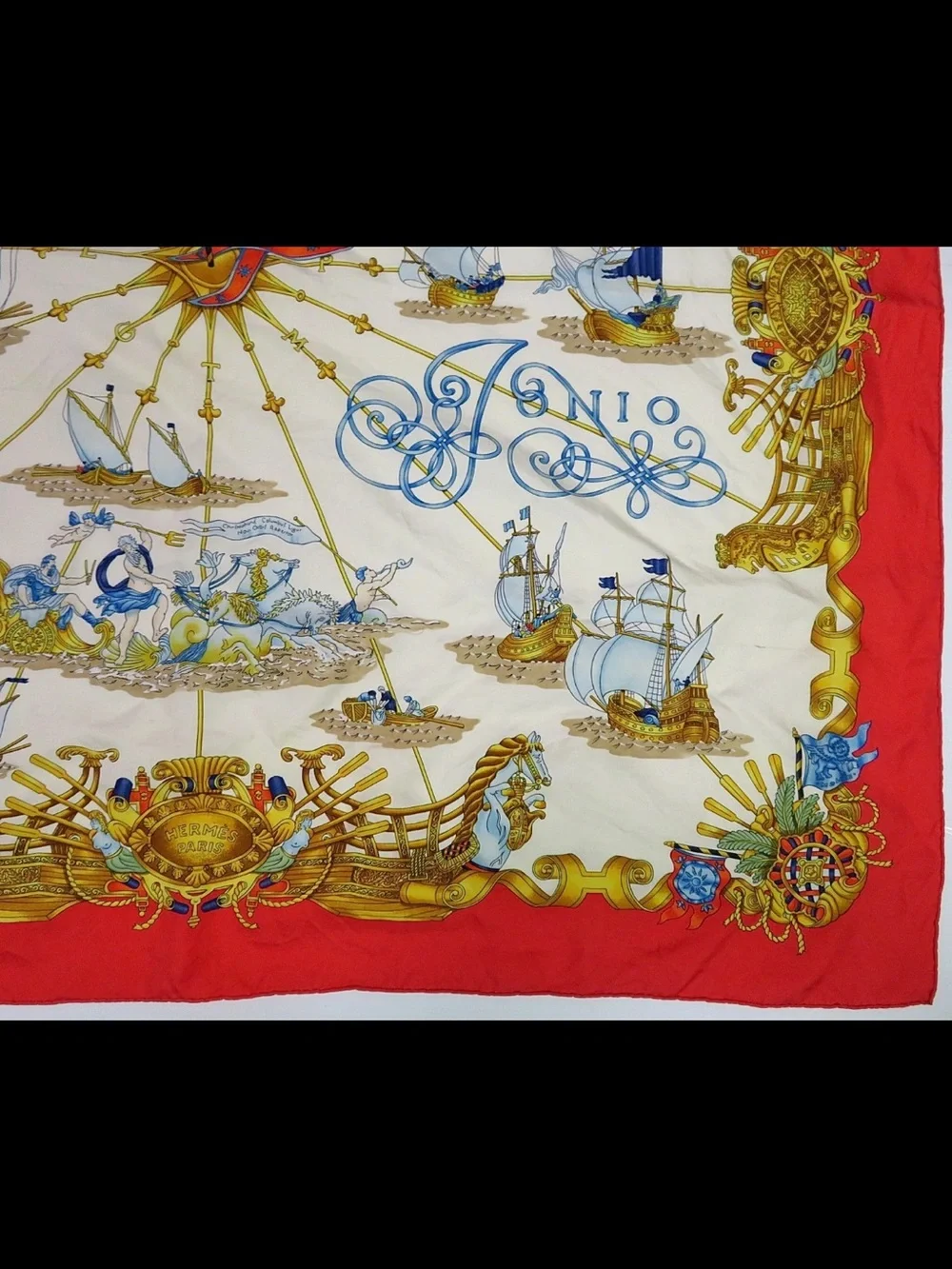Hermes Silk Scarf Red, Cream, Gold, Blue